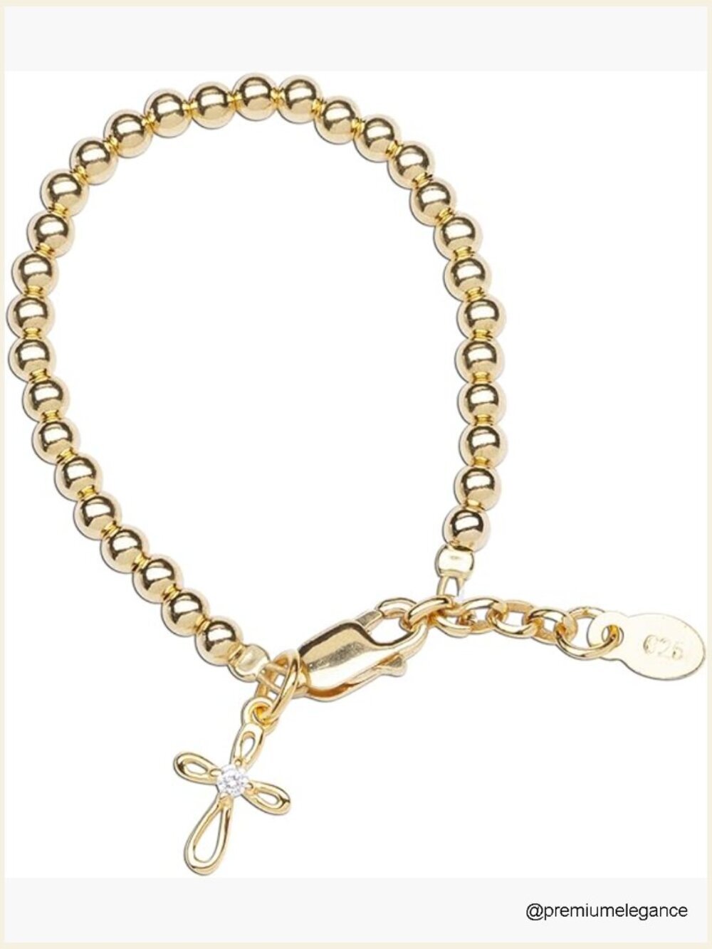 14K Gold Plated Sterling Silver Cross Charm Bracelet - Hand Beaded, Adjustable